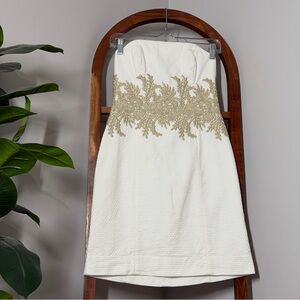 Lilly Pulitzer 0 Kade Strapless Dress in Resort White With Gold Embroidery